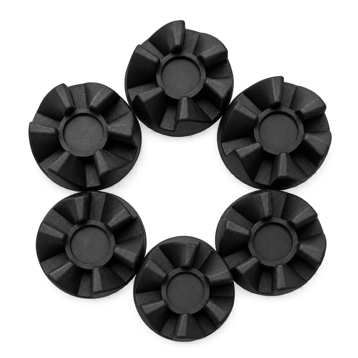 Six black blender drive couplings shown as a catalog product reference